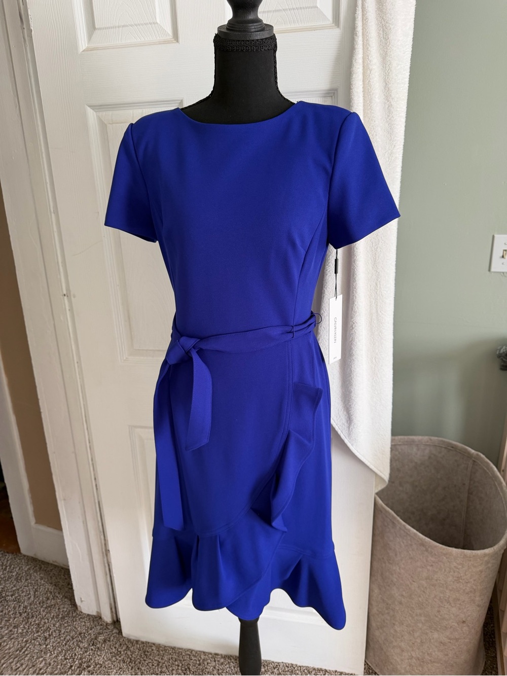 Calvin Klein Cobalt Blue Short Sleeve Midi Dress with Tie Waist -NWT